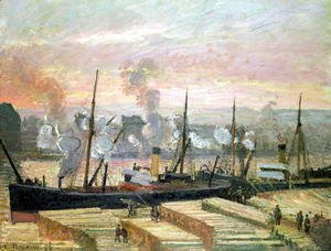 Camille Pissarro - Sunset at Rouen, Boats Unloading Wood, 1896