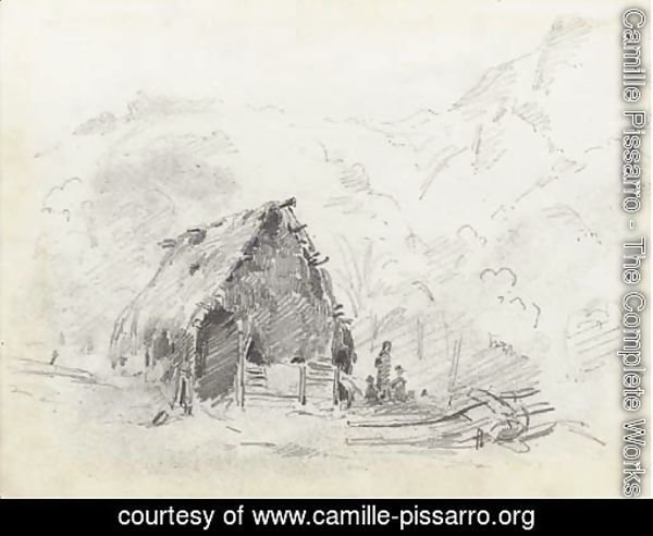 A hut in a mountainous landscape with a plough and figures