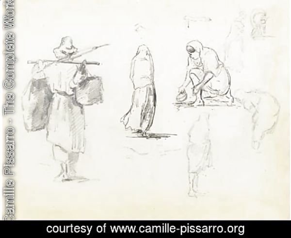 Camille Pissarro - A man carrying two bags on a pole across his shoulders, and studies of women seen from behind and bending down