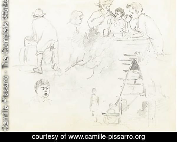 A man feeding a baby and two boys drinking at a table, a man seen from behind at a basin, two figures outside a cottage and a boy's head, Galipan