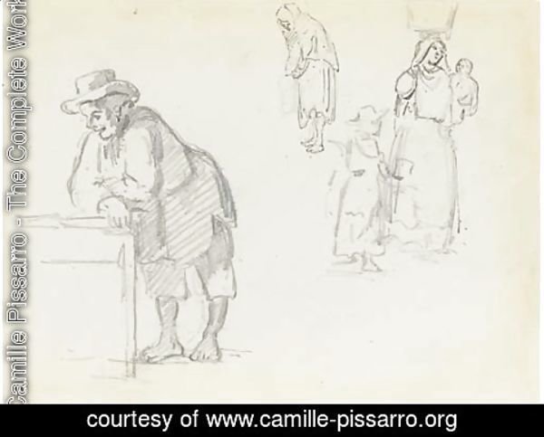 Camille Pissarro - A man in profile leaning to the left, with studies of a woman with a vase on her head holding a baby, a child and a woman in profile to the left