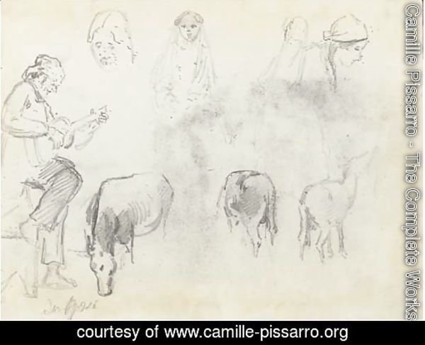 A man in profile to the left playing a guitar, studies of the heads of four women and three horses, San Jose