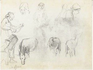 A man in profile to the left playing a guitar, studies of the heads of four women and three horses, San Jose