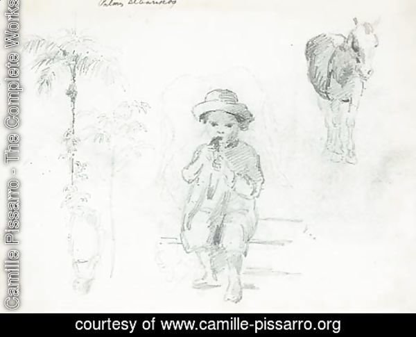 A seated boy eating, with studies of horses, palm trees and another figure