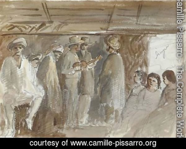 Camille Pissarro - An assembly in San Jose with two men playing guitars in an interior