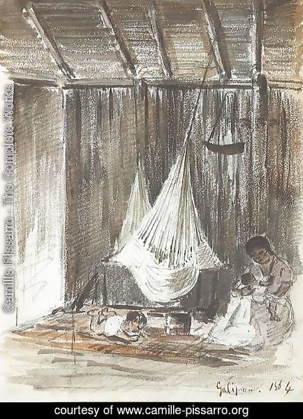 The interior of a hut with a hammock and an Indian mother with her two children, Galipan