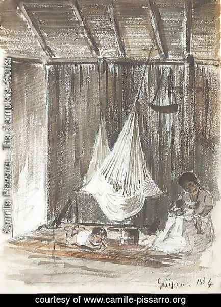 Camille Pissarro - The interior of a hut with a hammock and an Indian mother with her two children, Galipan