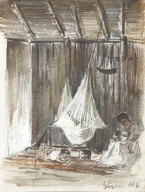 The interior of a hut with a hammock and an Indian mother with her two children, Galipan