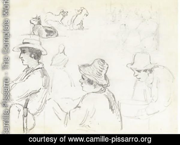 Camille Pissarro - Three men in profile to the left, one holding a basin, with studies of dogs, a cat and a group of figures