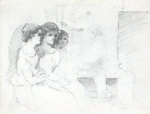 Three women seated in an interior, with a man and a baby in the background