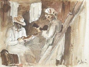 Camille Pissarro - Two men playing the guitar in an interior in San Jose