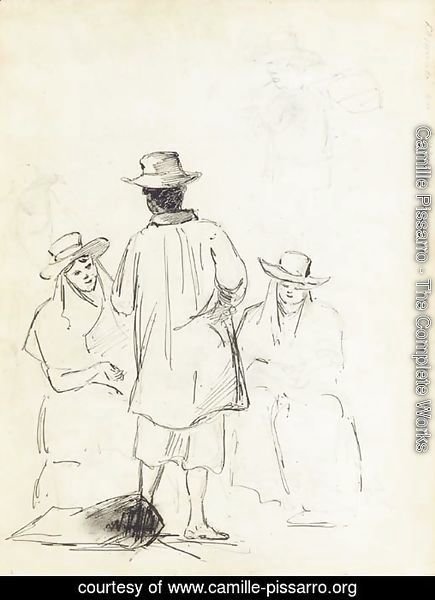 Two seated women conversing with a man seen from behind, with a study of a man carrying a bag, in profile to the left