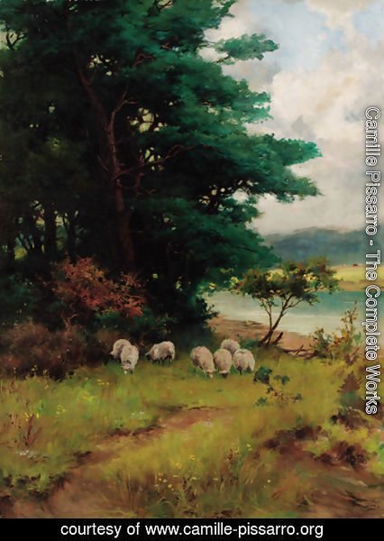 Camille Pissarro - Sheep grazing in a wooded river landscape