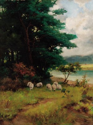 Sheep grazing in a wooded river landscape