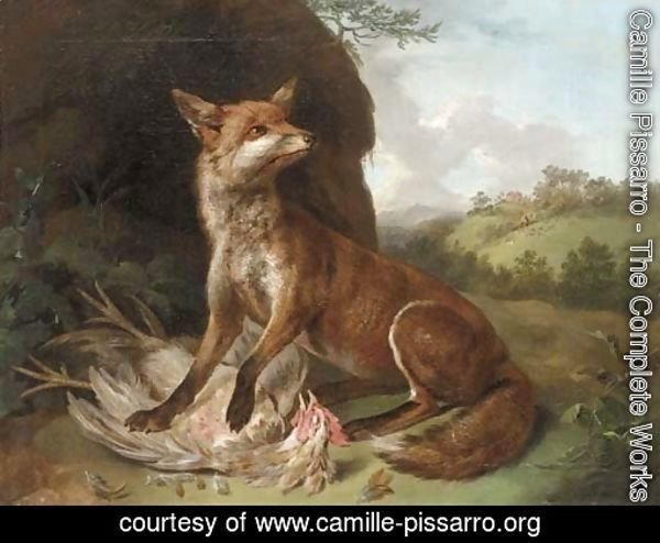 A fox with a dead cockerel in a landscape