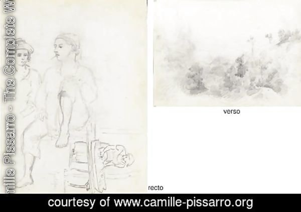 Camille Pissarro - Two men, one smoking, and a woman ironing, Galipan (recto)|A wooded mountainous landscape (verso)