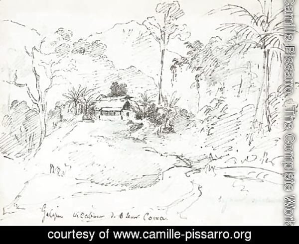 Camille Pissarro - A large house with two Indians standing in front, palm trees on the left