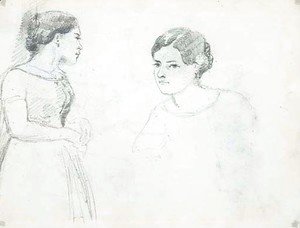 A standing woman in profile to the right