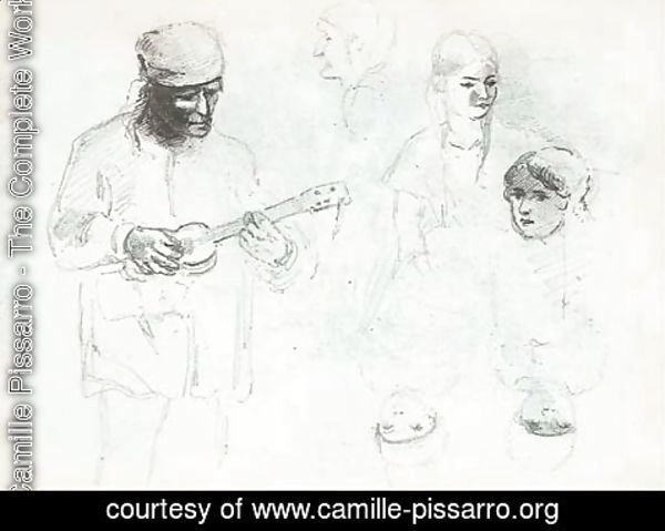 Camille Pissarro - A man playing a small guitar with studies of a woman and a boy