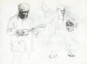 A man playing a small guitar with studies of a woman and a boy