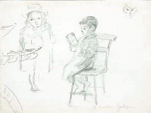 A seated boy reading, with a boy in a hat and study of a face