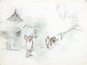 Camille Pissarro - Two huts in the mountains, with a man leading a donkey