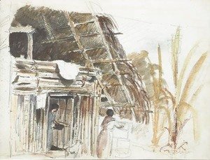 A hut with two women and a dog in the foreground, Galipan