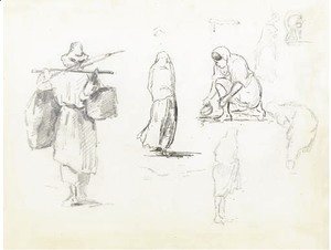 Camille Pissarro - A man carrying two bags on a pole across his shoulders, and studies of women seen from behind and bending down