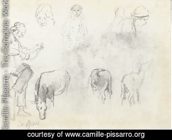 Camille Pissarro - A man in profile to the left playing a guitar, studies of the heads of four women and three horses, San Jose