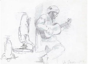 Camille Pissarro - A man in profile to the right playing a guitar, two figures seen from behind, one balancing a basket on his head