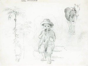A seated boy eating, with studies of horses, palm trees and another figure