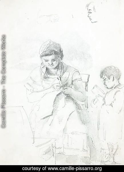 A seated woman sewing and a standing boy reading, with subsidiary studies of the woman's left arm and of the boy's head
