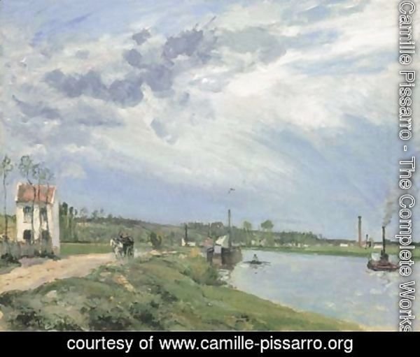 Camille Pissarro - Chemin au bord de l'Oise avec peniche, barque, remorqueur, Pontoise