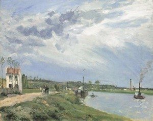 Camille Pissarro - Chemin au bord de l'Oise avec peniche, barque, remorqueur, Pontoise