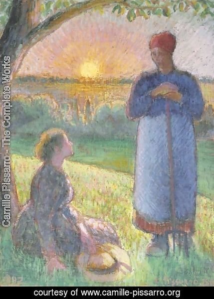 Camille Pissarro - Paysannes causant, soleil couchant, Eragny