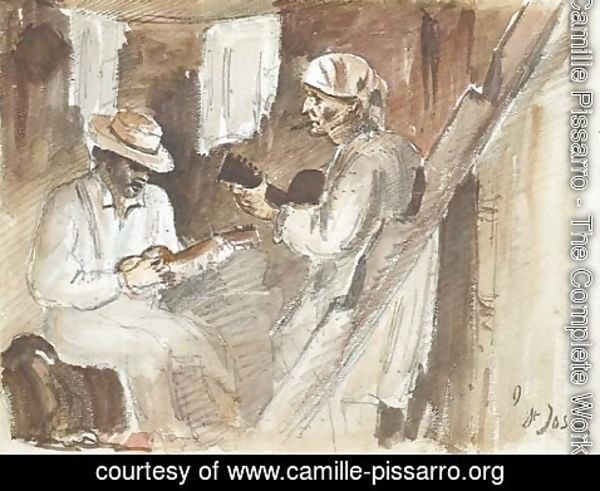Camille Pissarro - Two men playing the guitar in an interior in San Jose