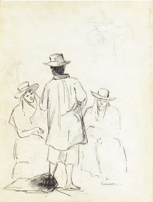 Camille Pissarro - Two seated women conversing with a man seen from behind, with a study of a man carrying a bag, in profile to the left