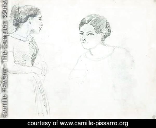 A standing woman in profile to the right
