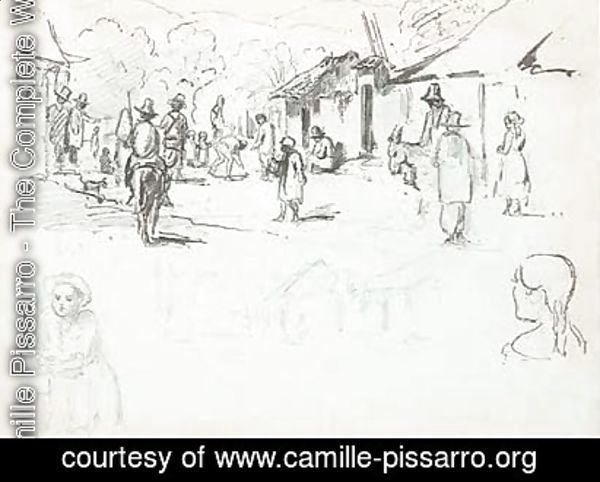Camille Pissarro - A street scene with Indians, a subsidiary study of the same and studies of a boy and a girl seen from behind