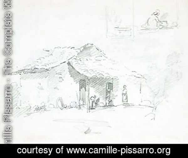 Figures in front of a hut, with studies of two figures cooking