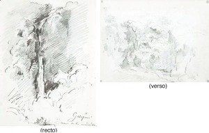 The waterfalls of the Rio Escondido at Galipan, with studies of figures (recto)|A forest in the mountains (verso)